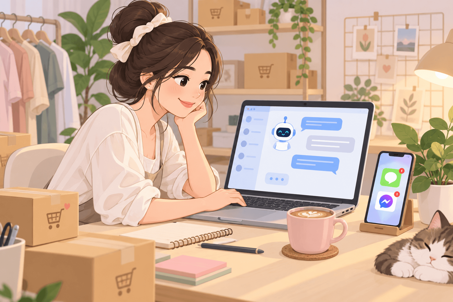 แม่ค้าออนไลน์กำลังตั้งค่า AI Agent ตอบแชทลูกค้าอัตโนมัติบนหน้าจอคอมพิวเตอร์