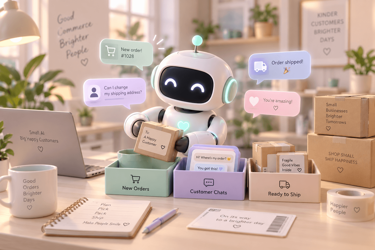 ภาพกราฟิกแสดง AI ขนาดเล็กที่ทำงานรวดเร็ว ช่วยจัดการออเดอร์และตอบแชตให้ธุรกิจ SME